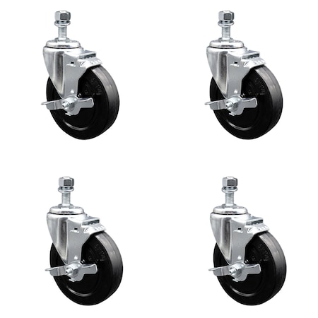 Service Caster 5 Inch SS Soft Rubber Wheel Swivel 12mm Threaded Stem Caster Set Brake SCC SCC-SSTS20S514-SRS-TLB-M1215-4